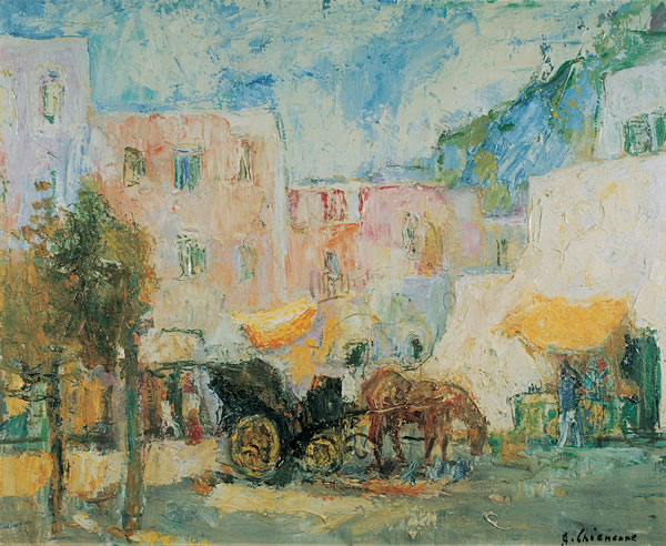 Piazzetta con carrozzela, anni ’50, olio, Roma, collezione privata